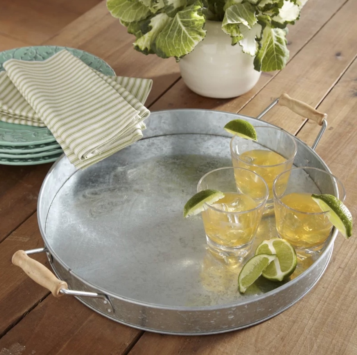 metal tray with wooden handles and cocktails on it, rustic farmhouse decor