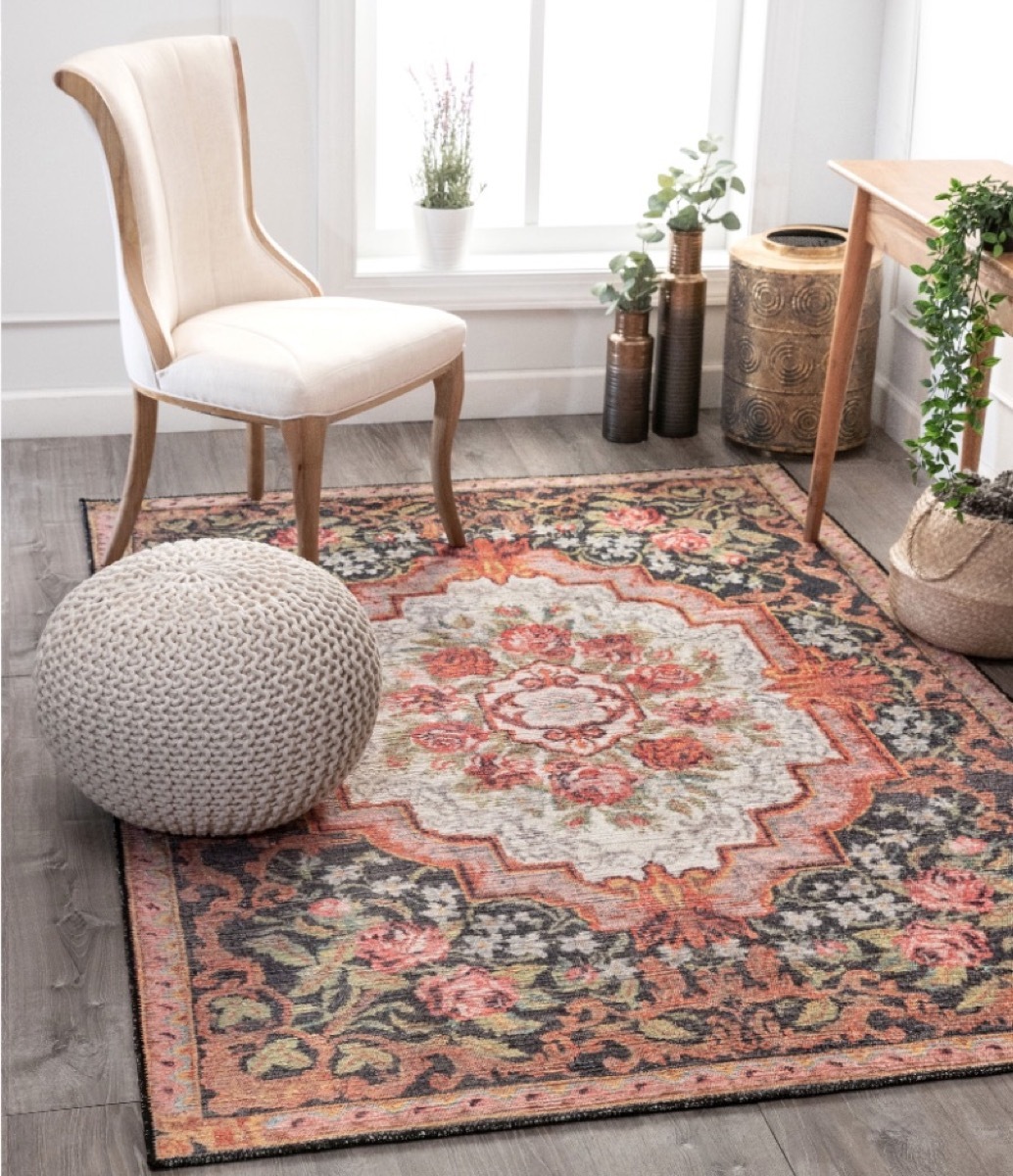 modern room with pink rug