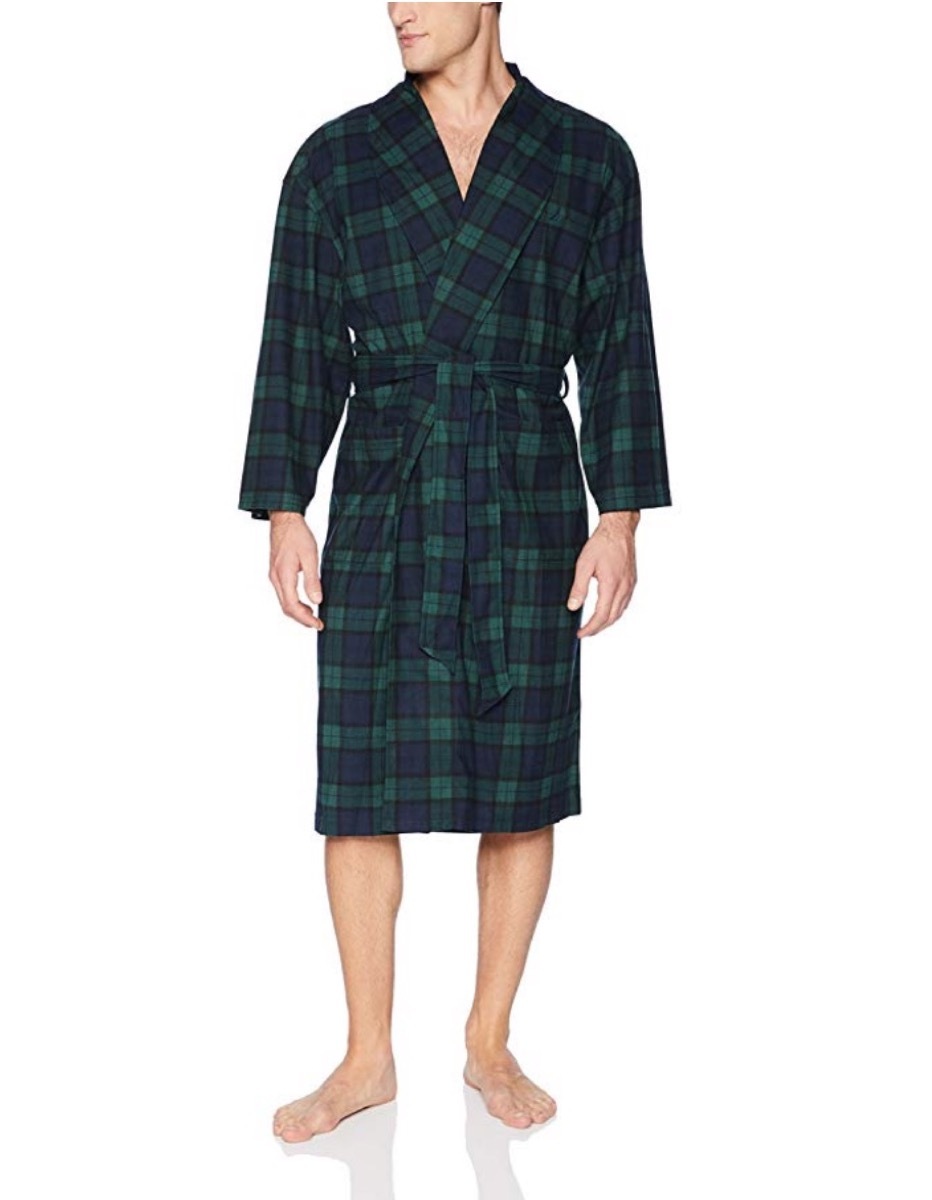 man in green plaid robe