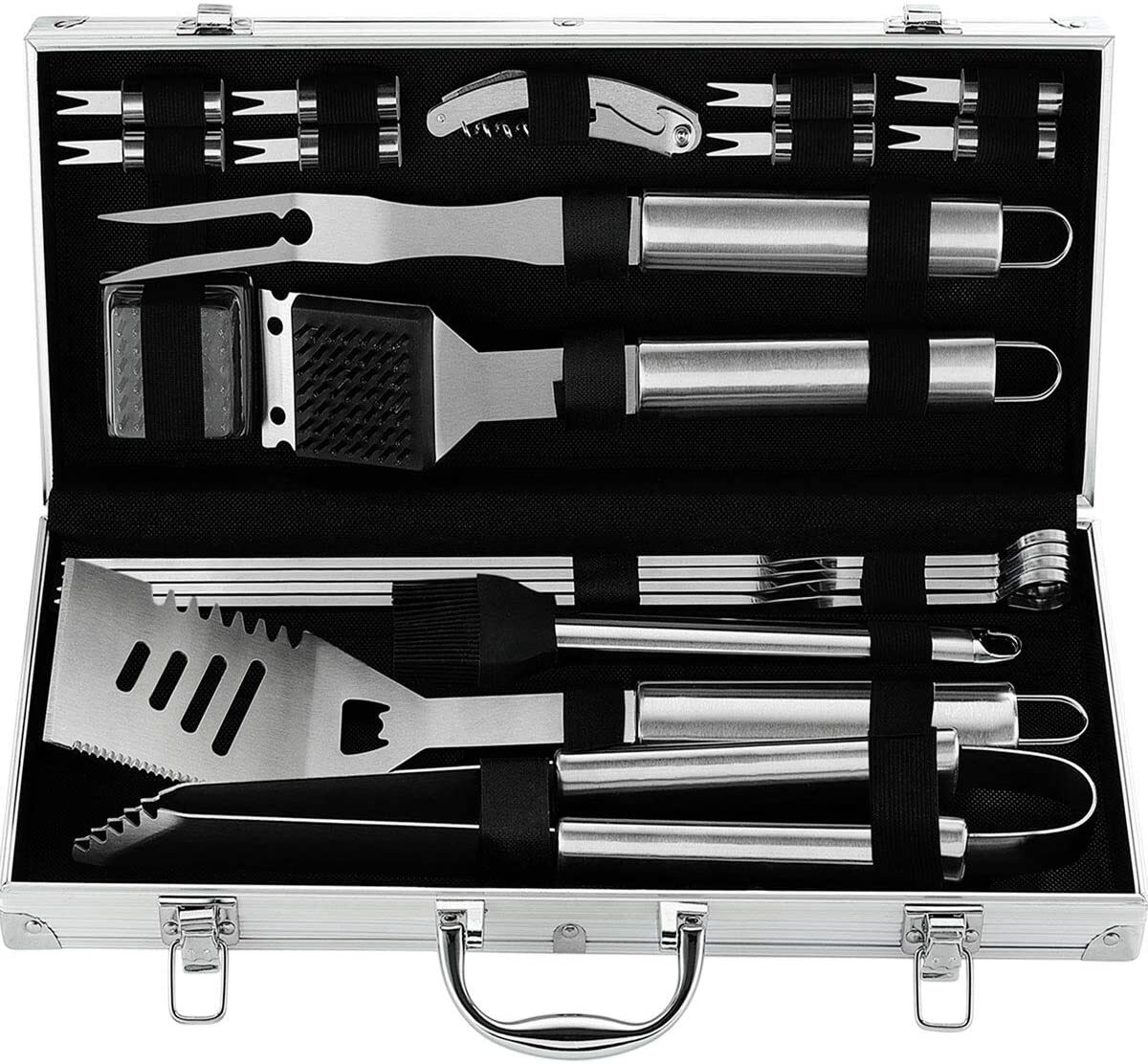 attache full of silver barbecue tools