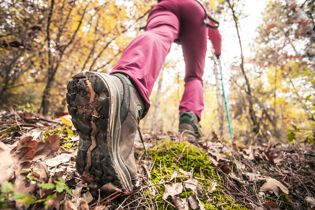 Hiking girl in a mountain. Low angle view of generic sports shoe and legs in a forest. Healthy fitness lifestyle outdoors.