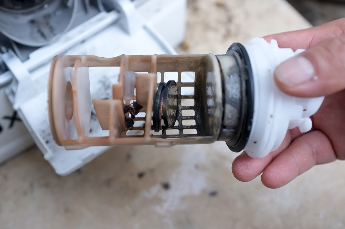 dirty washing machine filter with coins stuck inside