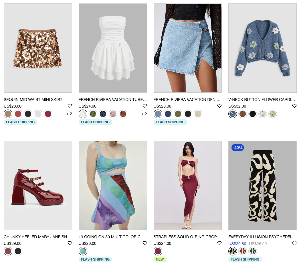 Screenshot of clothes on the Cider website