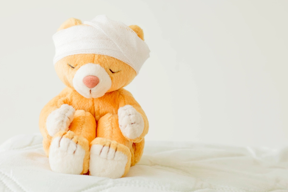 teddy bear with an injury, bandages on its head