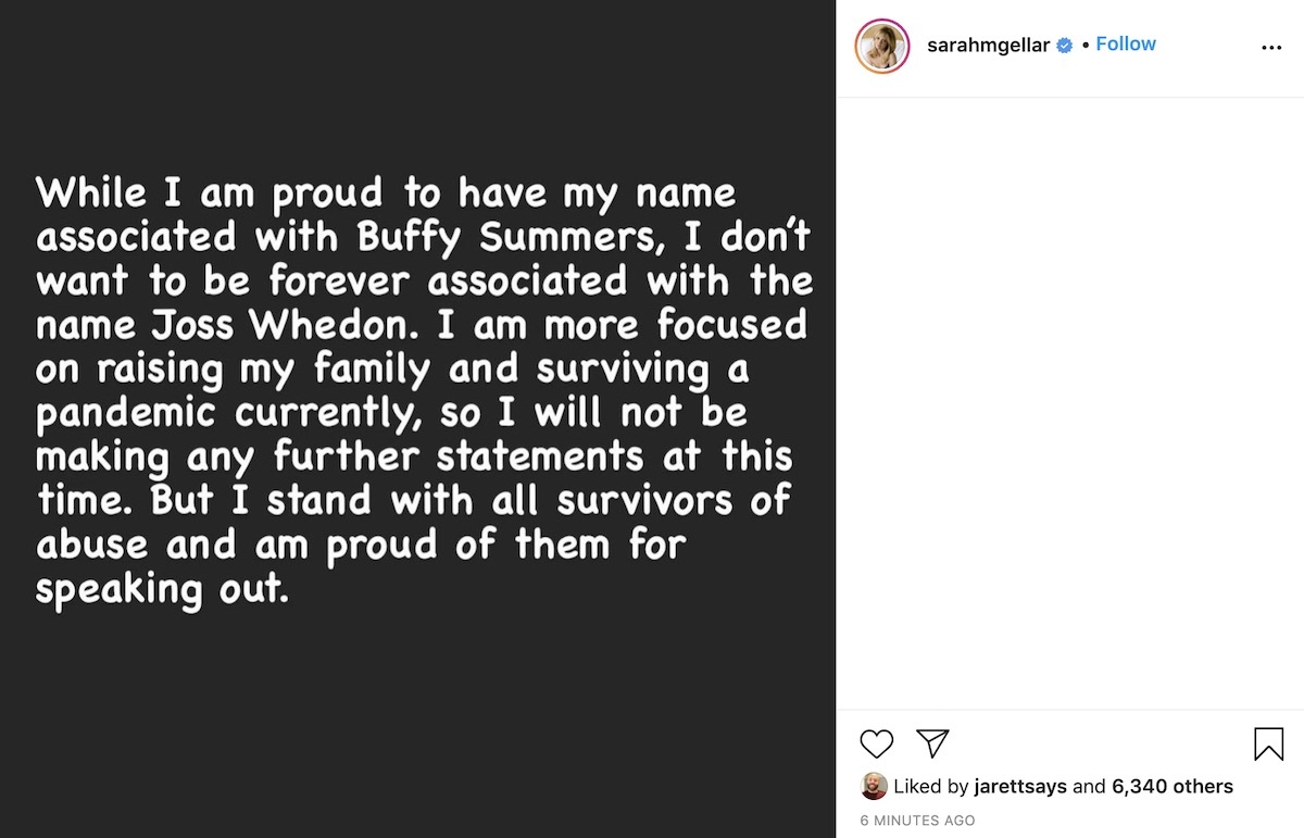 Sarah Michelle Gellar responds to Charisma Carpenter's claims against Joss Whedon on Instgram