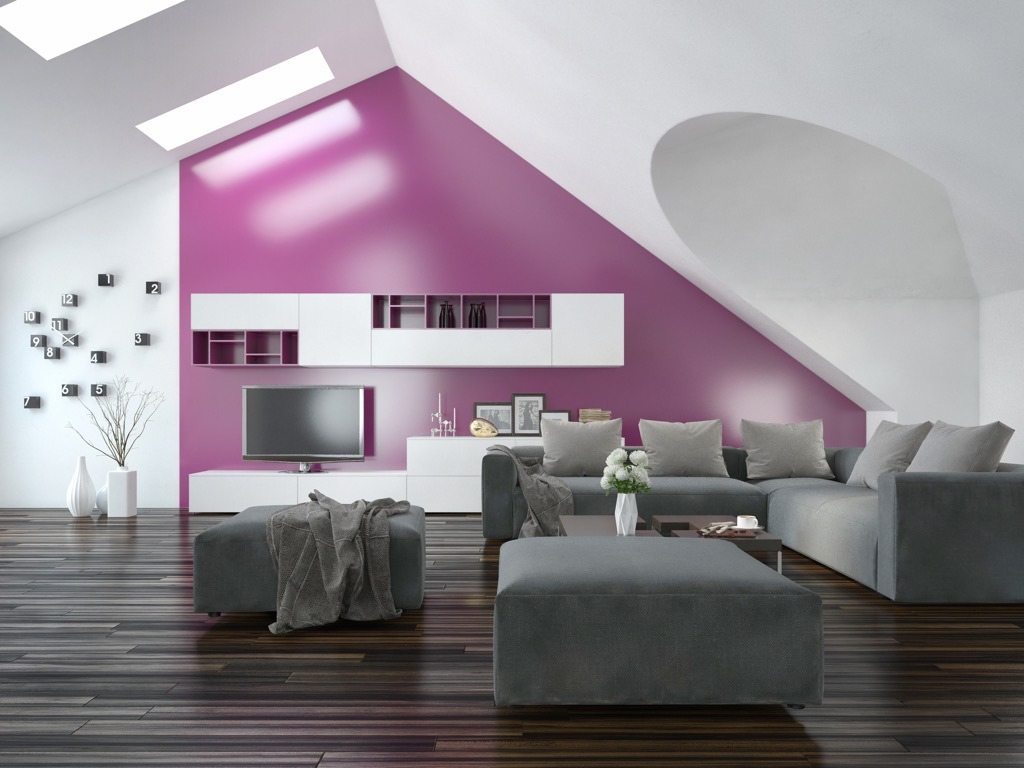 modern apartment with a bright purple accent wall