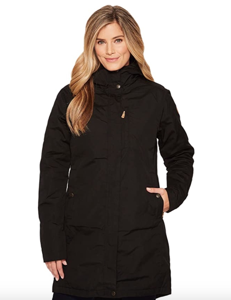 Woman wearing black winter parka