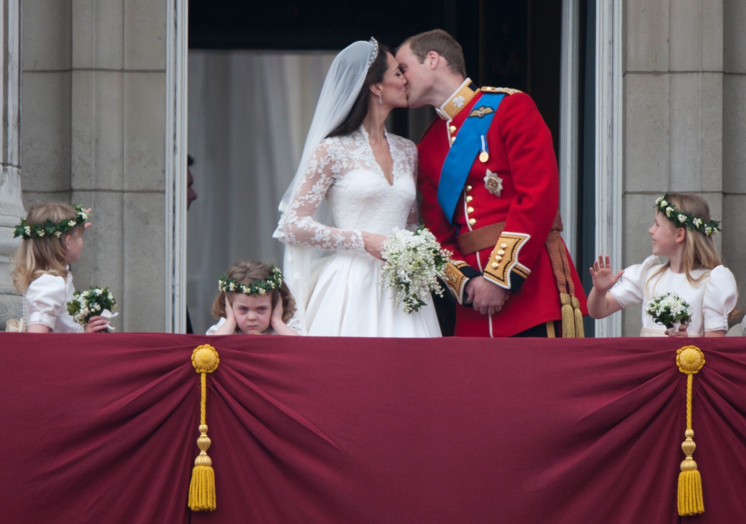 Prince William and his wife Kate Middleton, who has been given the title of The Duchess of Cambridge, on the balcony of Buckingham Palace, London with  bridesmaids Margarita Armstrong-Jones (right) and Grace Van Cutsem (middle) and Lady Louise (left), following their wedding at Westminster Abbey.