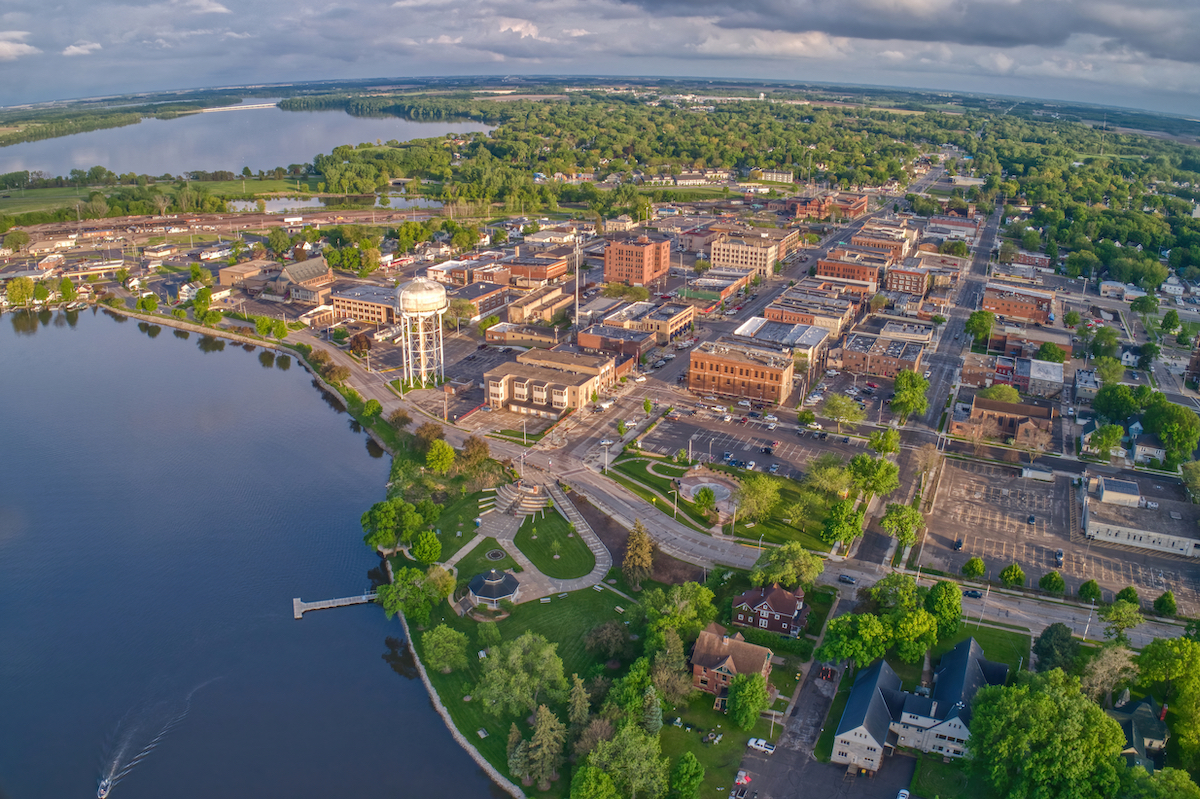 Aerial View of Downtown Albert Lea, Minnesota at Dusk in Summer