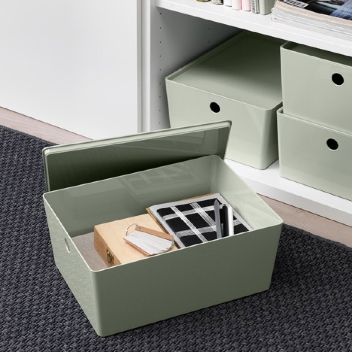 mint green storage boxes