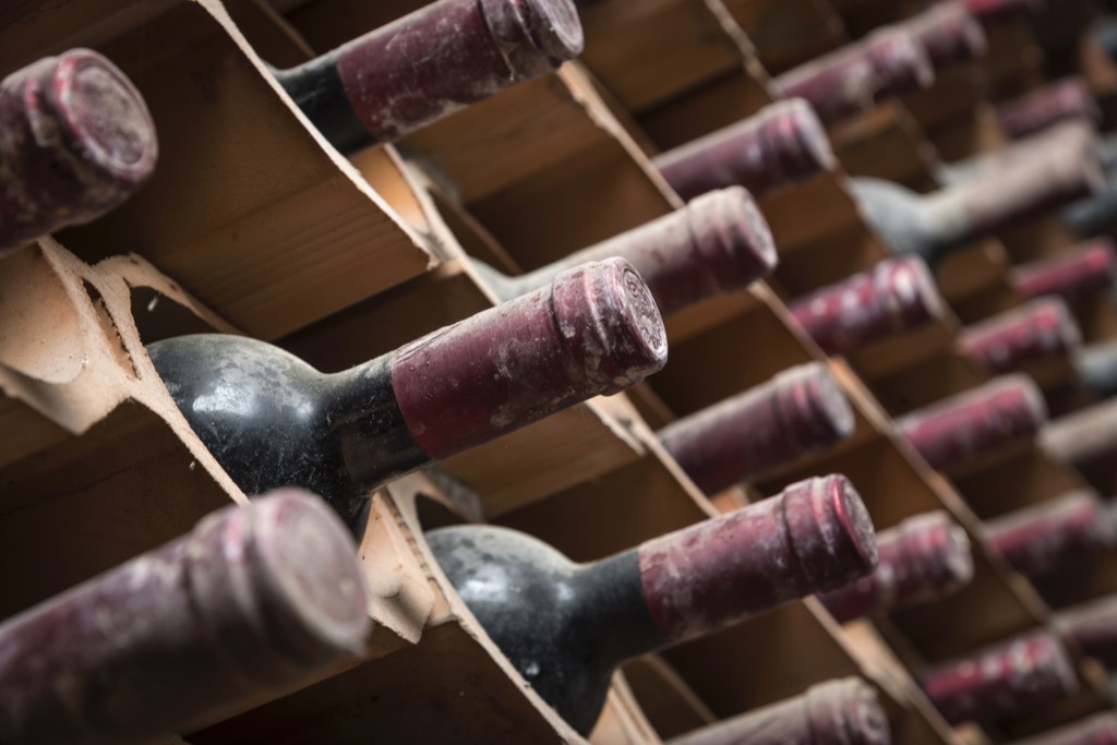 Bottles of old wine in a cellar.