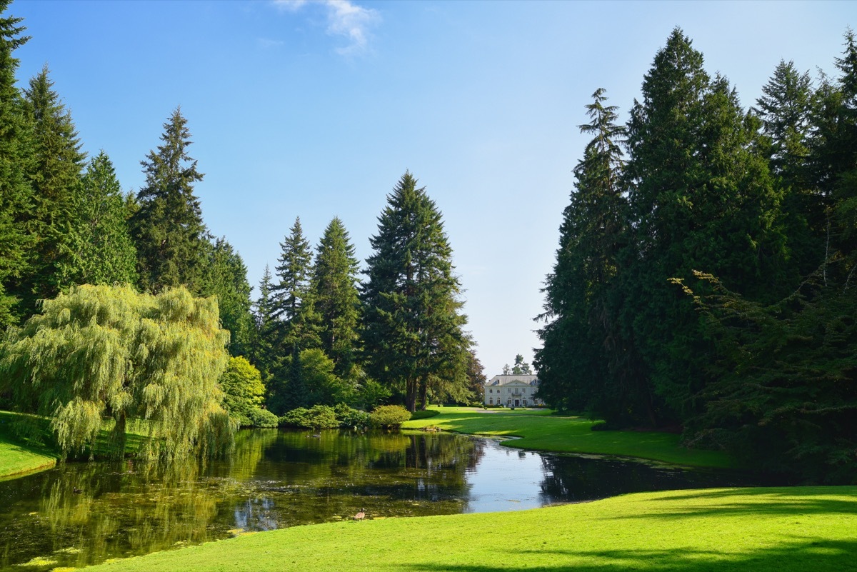 Bloedel Reserve estate with the mansion and garden pond.