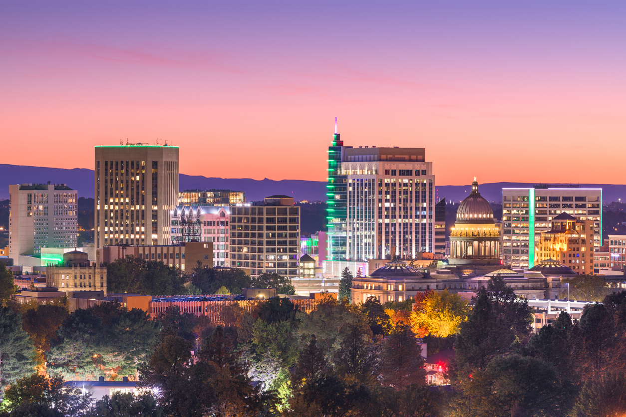 The skyline of downtown Boise, Idaho at twilight