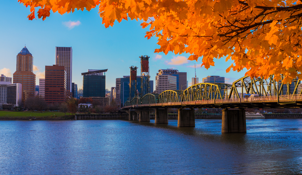 A view of Portland, Oregon with fall foliage in the foreground