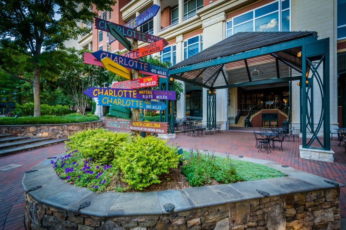 Distance signs at The Green, in Uptown Charlotte, North Carolina.