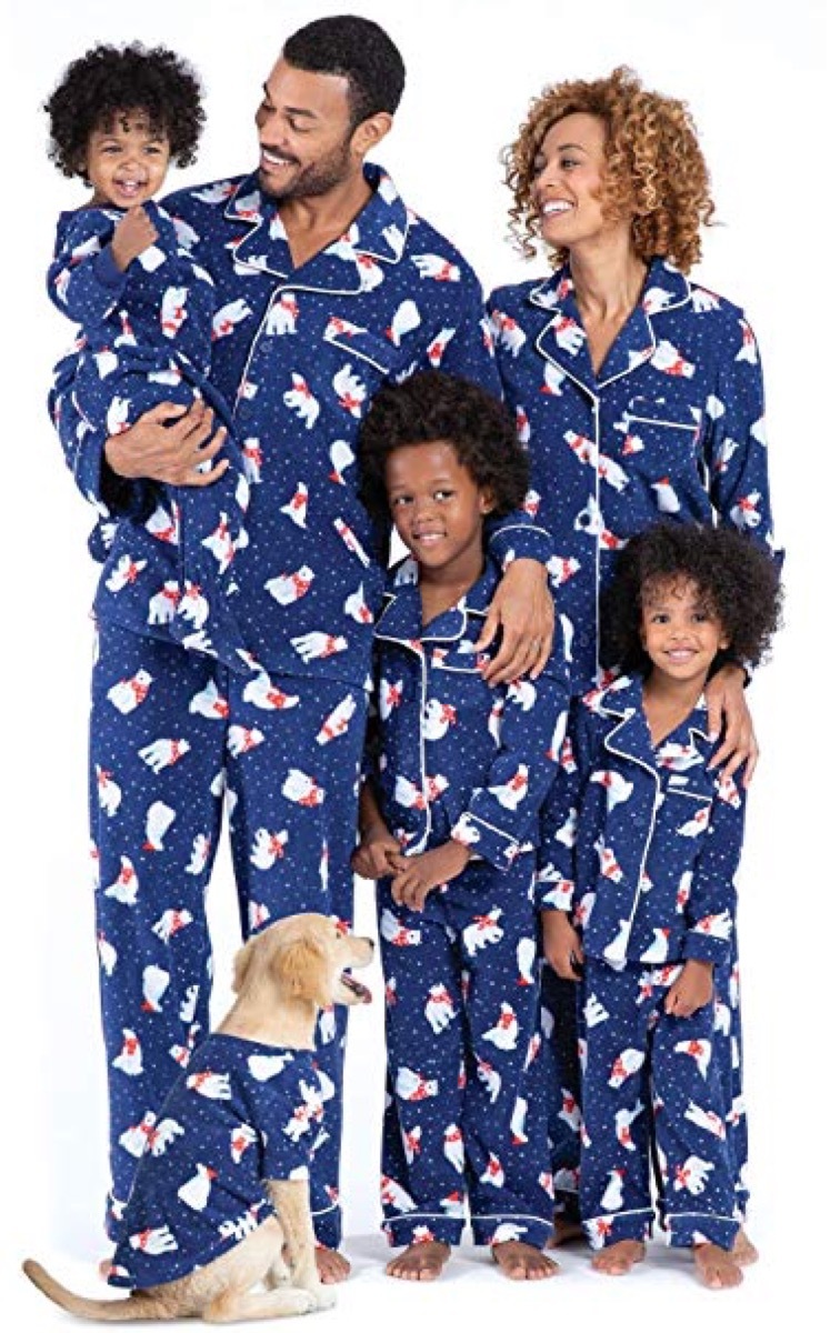 multiracial family in blue polar bear pjs