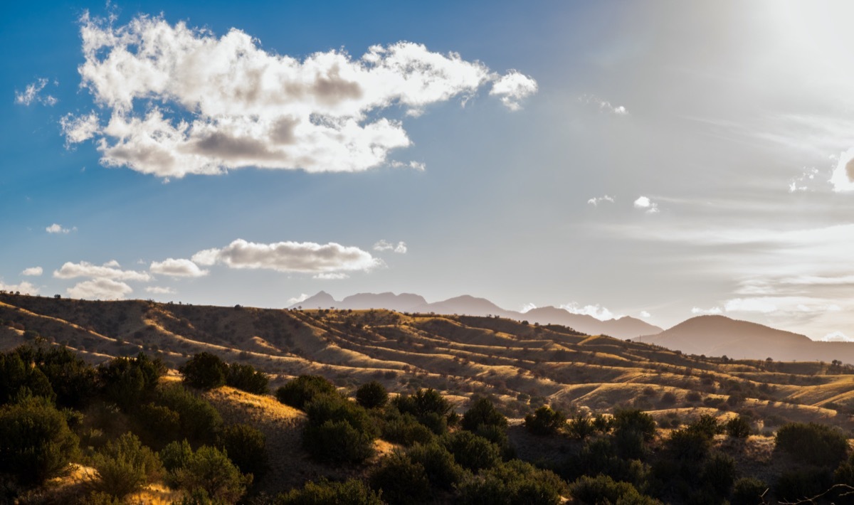 Panoramic view of the mountains from Sonoita Highway in Arizona during sunset