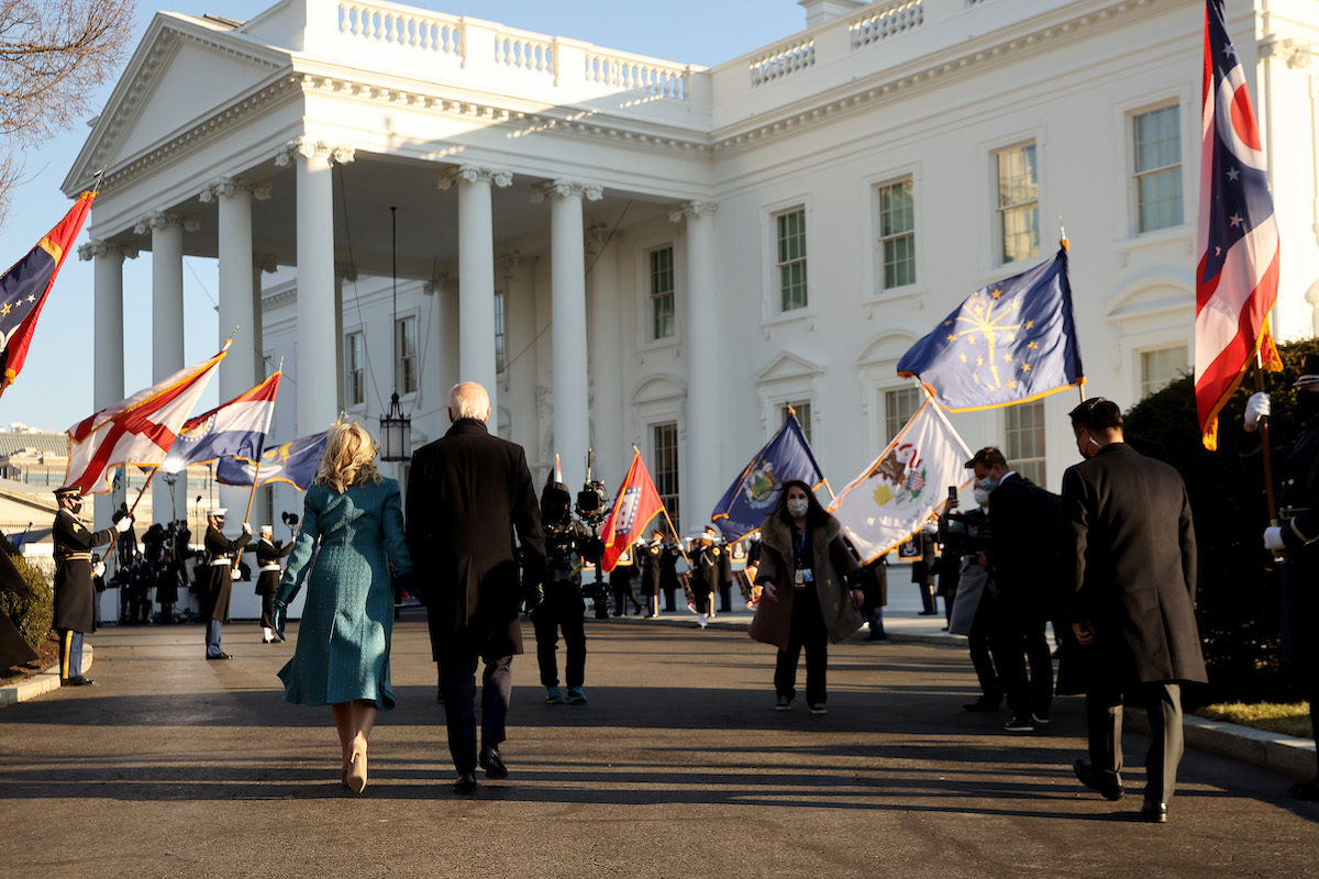 U.S. President Joe Biden and First Lady Dr. Jill Biden arrive at the White House after Biden's inauguration on January 20, 2021 in Washington, DC. Biden became the 46th president of the United States earlier today during the ceremony at the U.S. Capitol. 