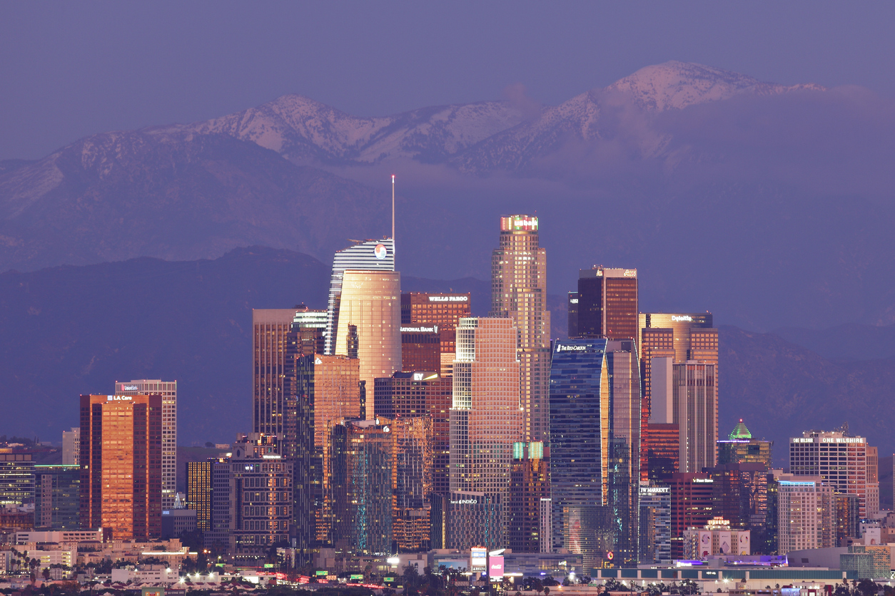 The skyline of Los Angeles, California at sunset.