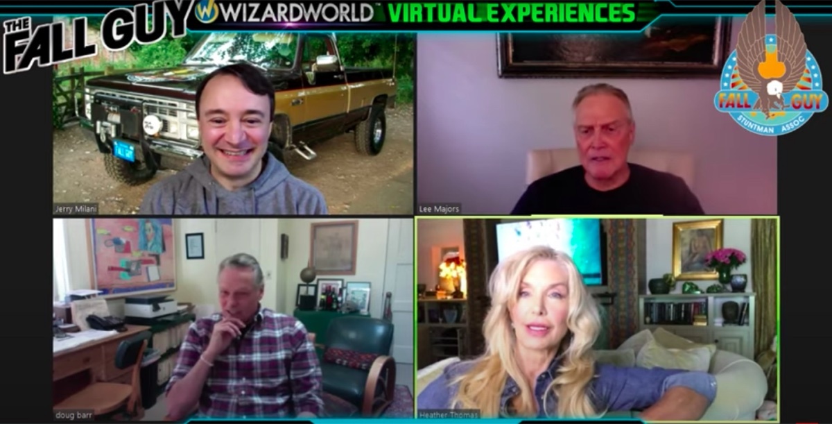 Moderator Jerry Milani, Lee Majors, Doug Barr, and Heather Thomas during The Fall Guy virtual reunion