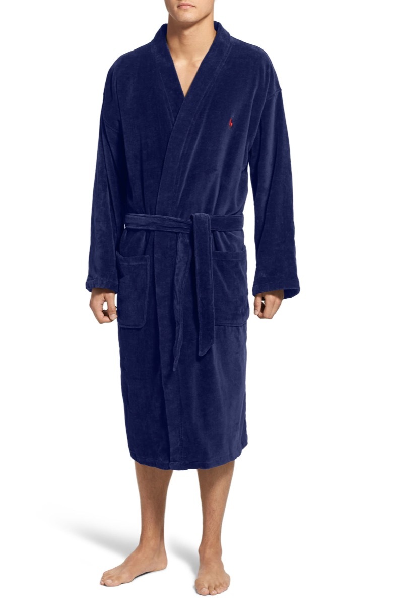 white man in blue belted robe