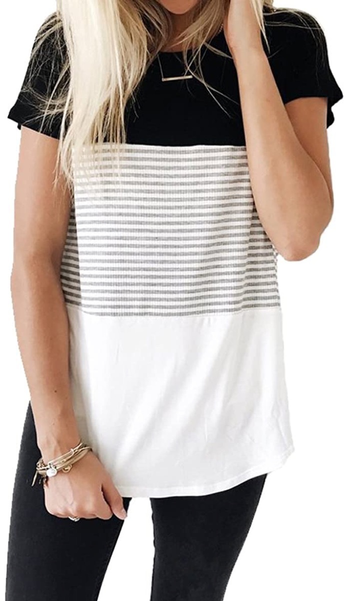 A women's striped and multi-patterned t-shirt