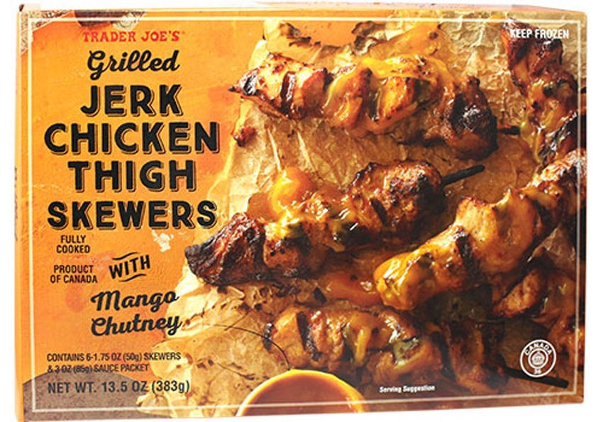 traders joes grilled jerk chicken thigh skewers mango chutney - best trader joe's frozen meals