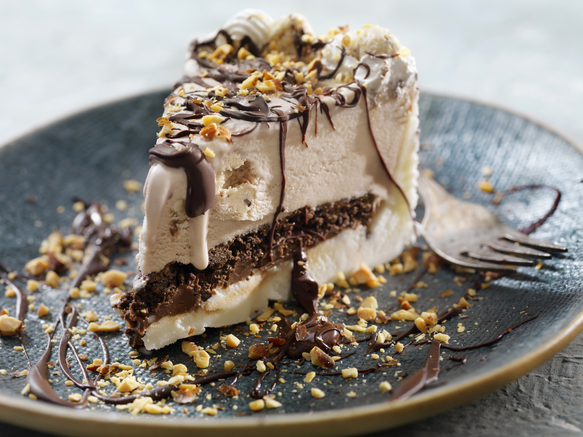 cookie Dough Ice Cream Cake with Chocolate Sauce and Crushed Almonds