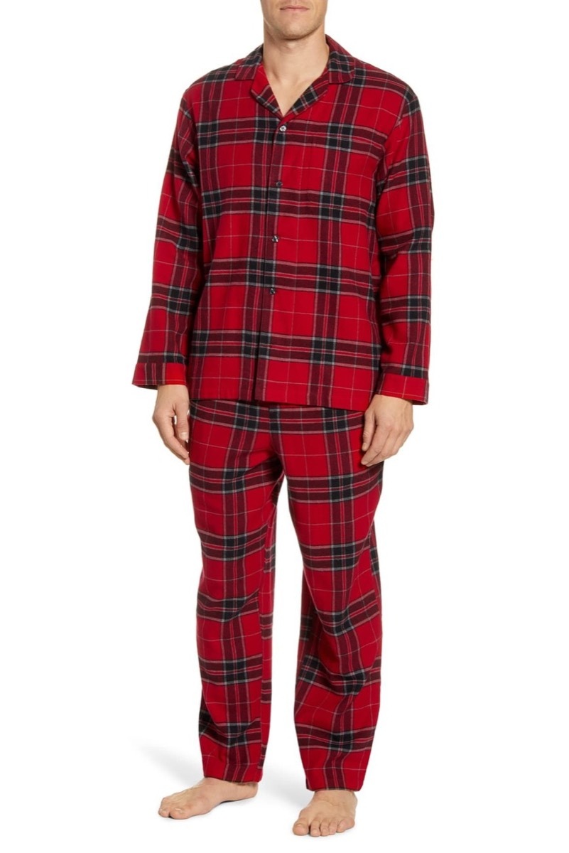 Man wearing red buffalo plaid PJs