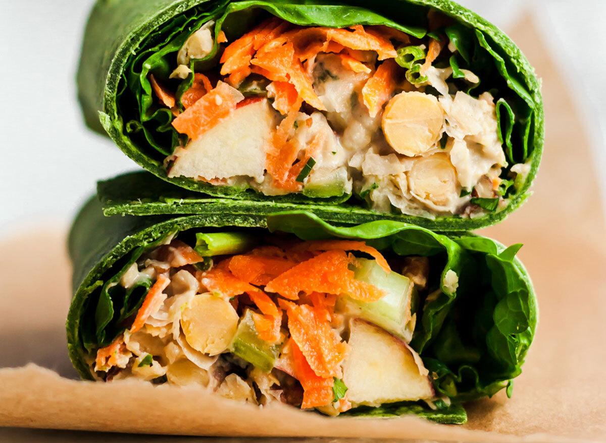 vegan pecan apple chickpea wraps with lettuce