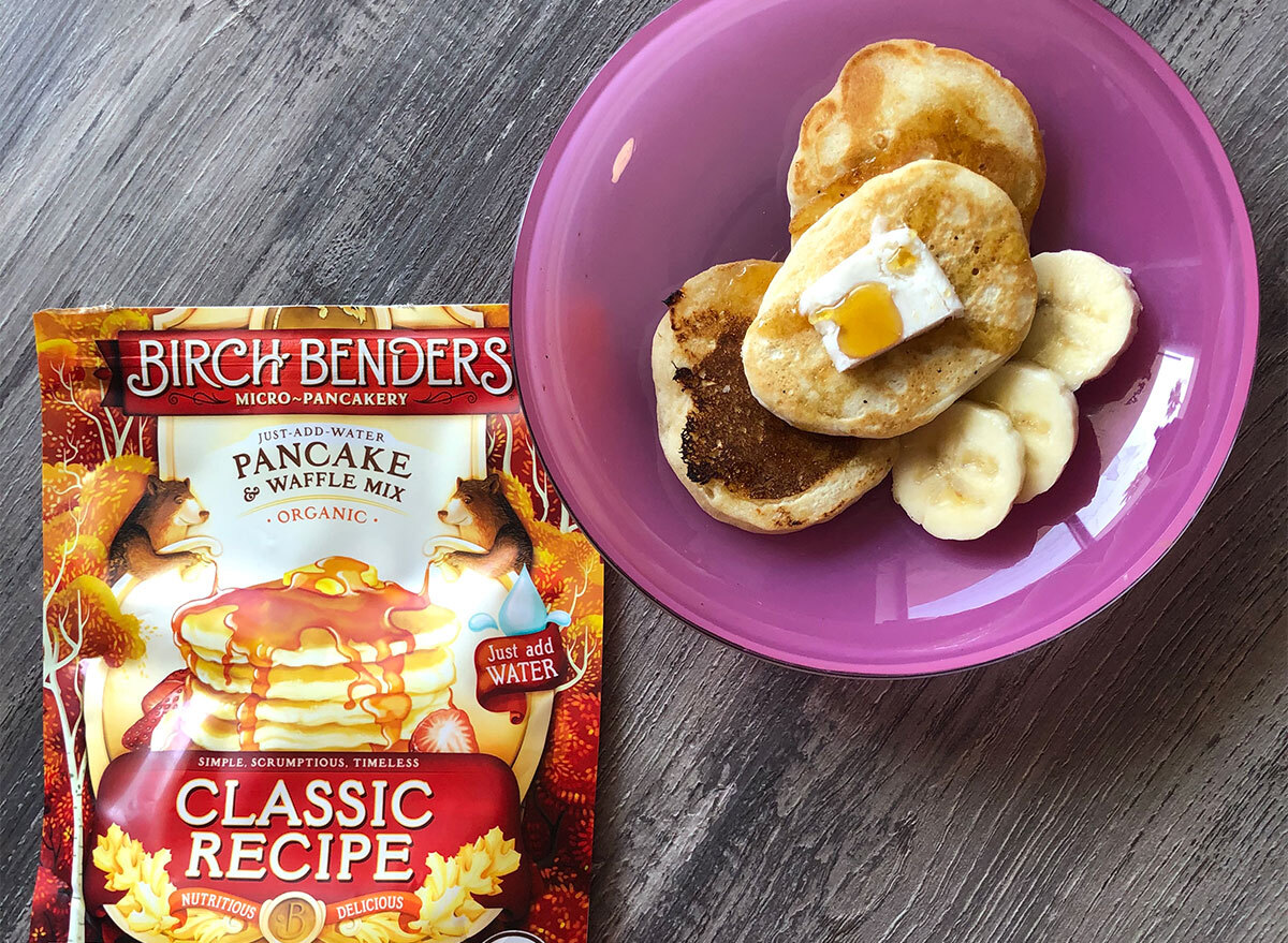 birch benders pancake mix and plate of pancakes