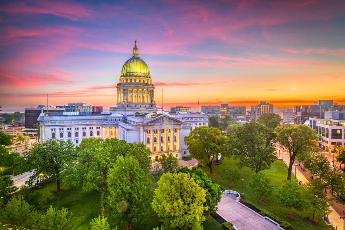 Madison, Wisconsin, USA state capitol building at dusk.