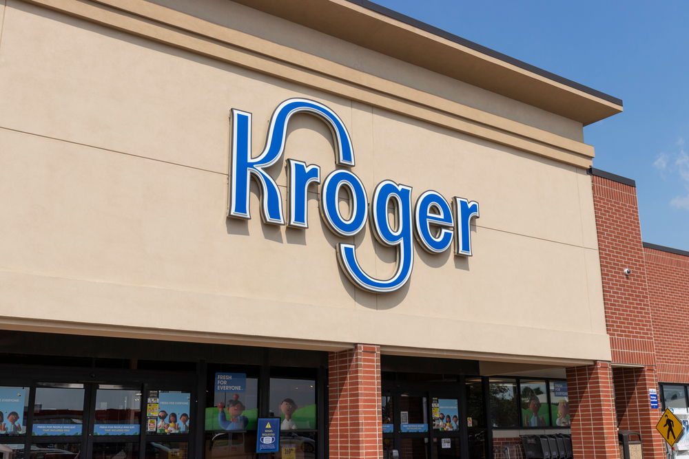 The entrance to a Kroger supermarket