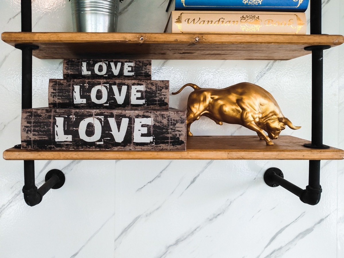 Bookshelf with bull tchotchke decorated