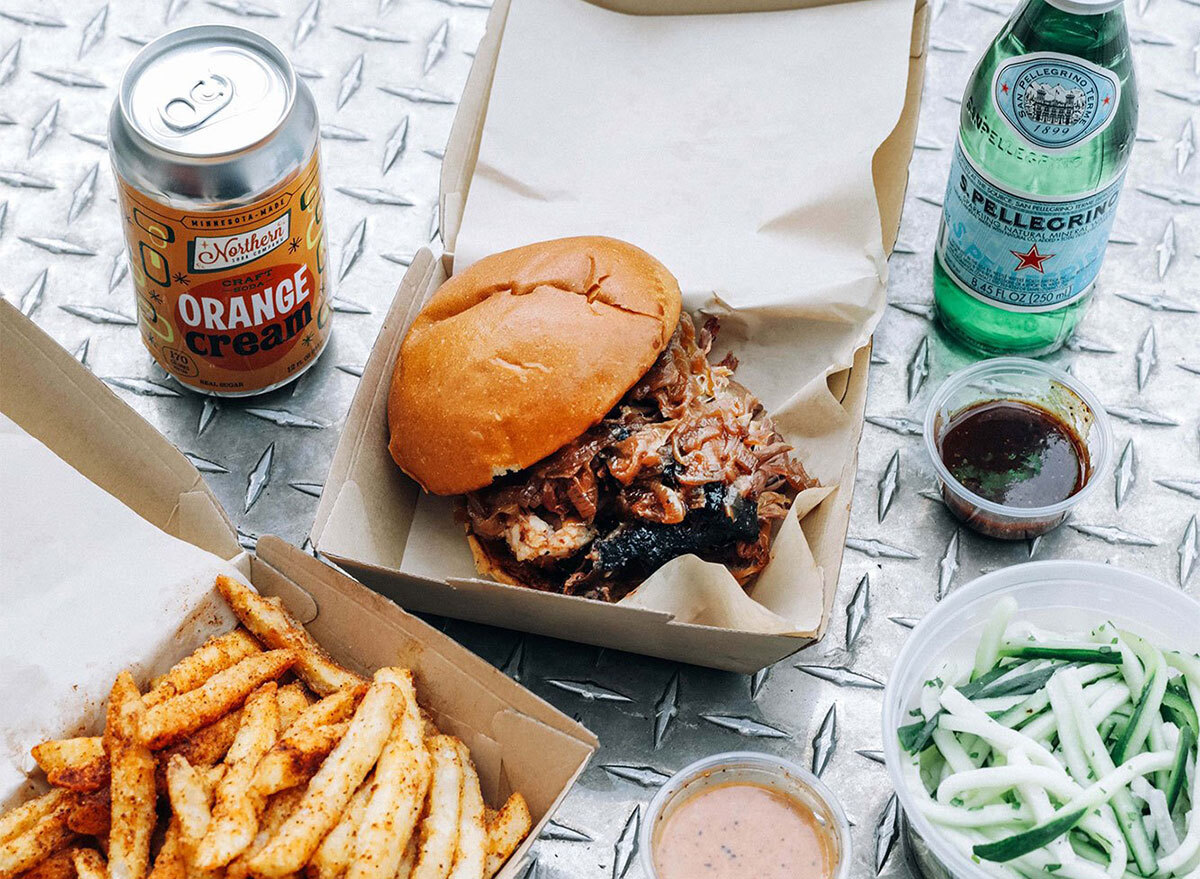 barbecue sandwich with beer and fries