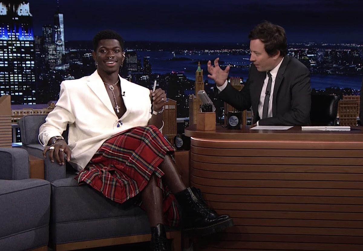 Lil Nas X wears skirt on The Tonight Show after wardrobe malfunction.