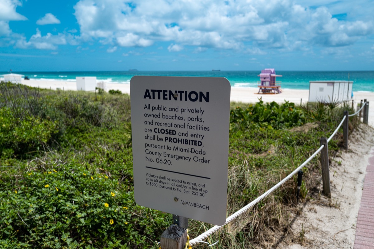 Emergency Orders Miami-Dade County. Coronavirus, Covid-19. Miami Beach Closing Sign.