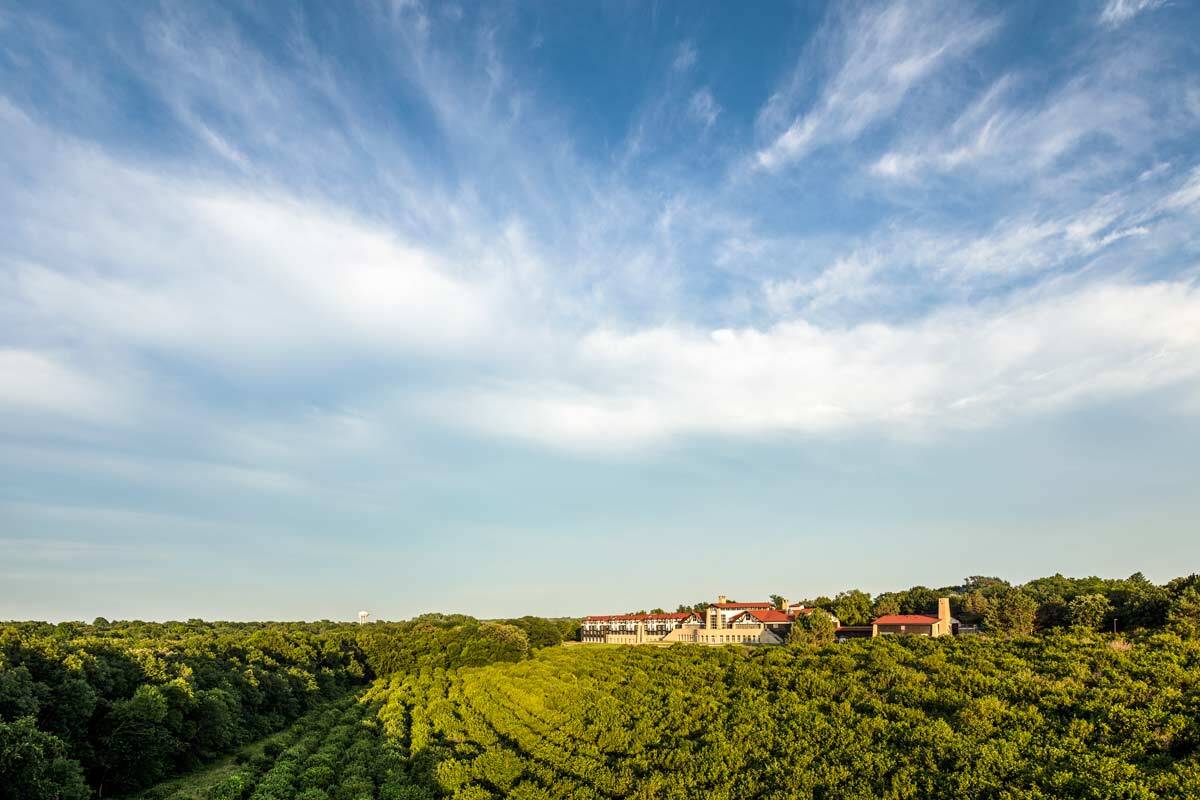 aerial view of the lied lodge at arbor day farm