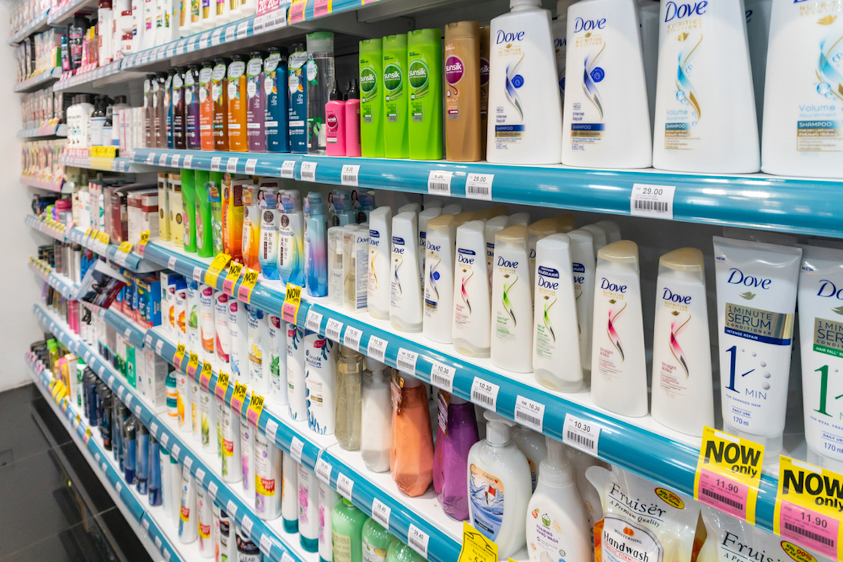 shampoo on shelves at drug store