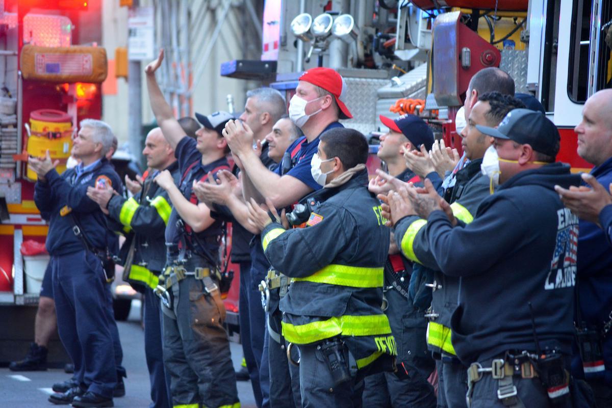 Members of the FDNY across from New York Presbyterian Hospital thanking the staff for their work fighting the coronavirus pandemic in Lower Manhattan.