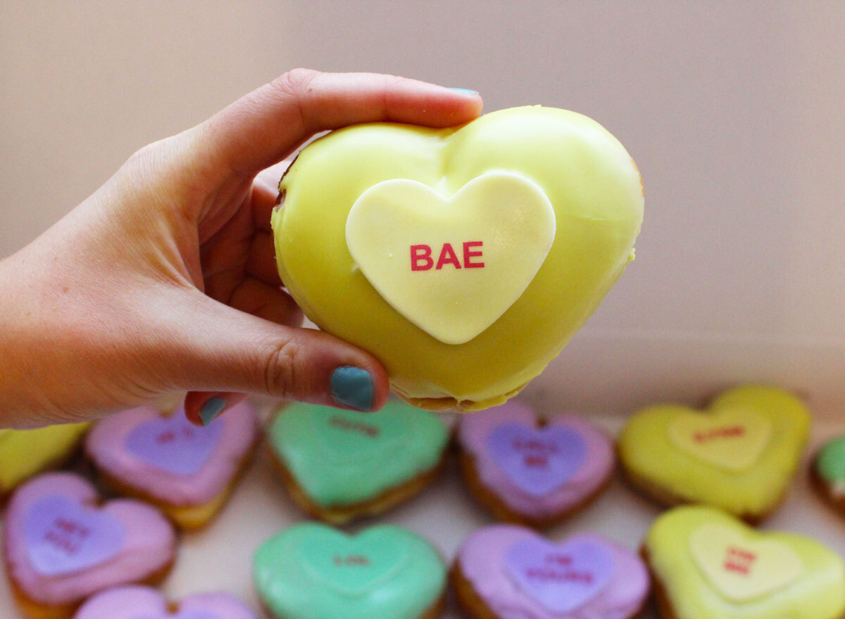 krispy kreme valentines donuts yellow closeup