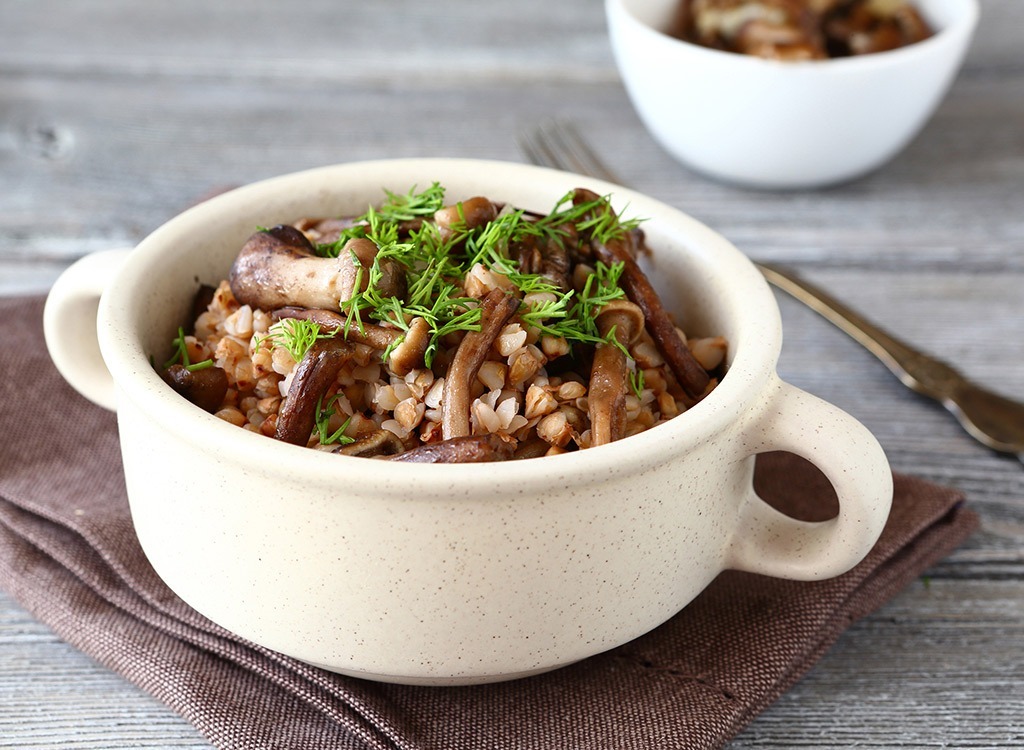 Bowl of buckwheat and mushrooms