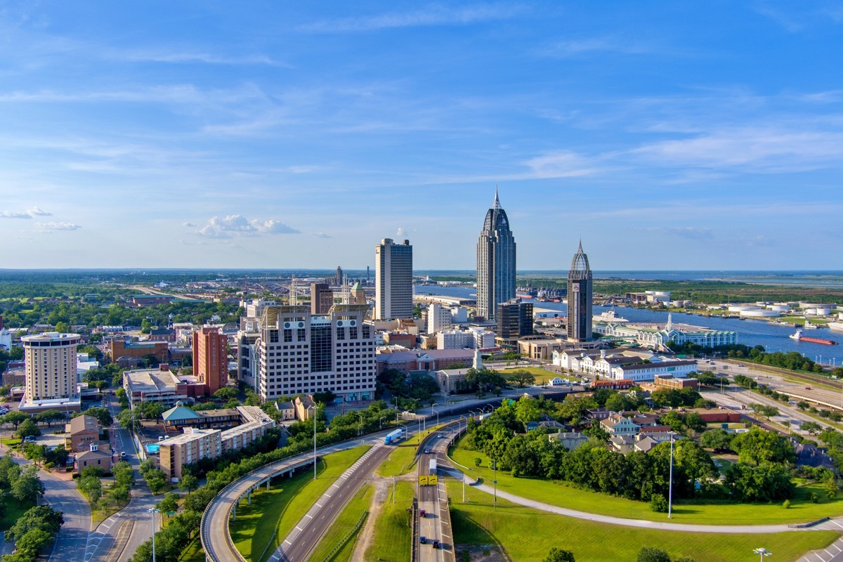 Downtown Mobile, Alabama waterfront skyline in Mobile, Alabama, United States