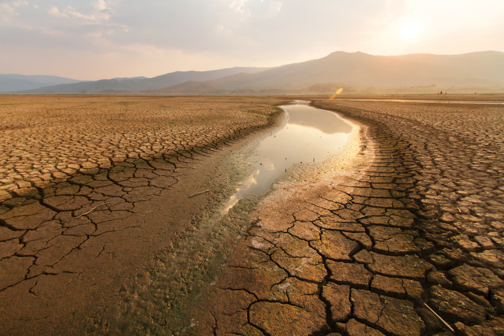 A dried lakebed in hot weather