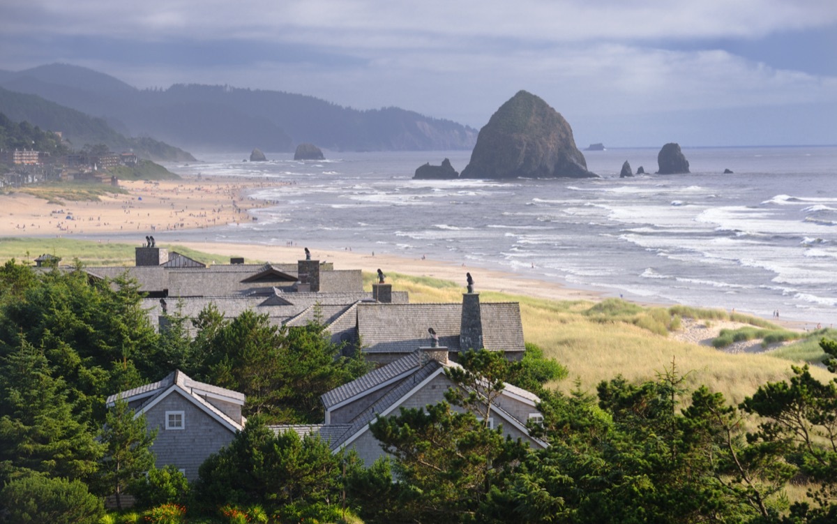 foggy day over a beach and rock formations in oregon