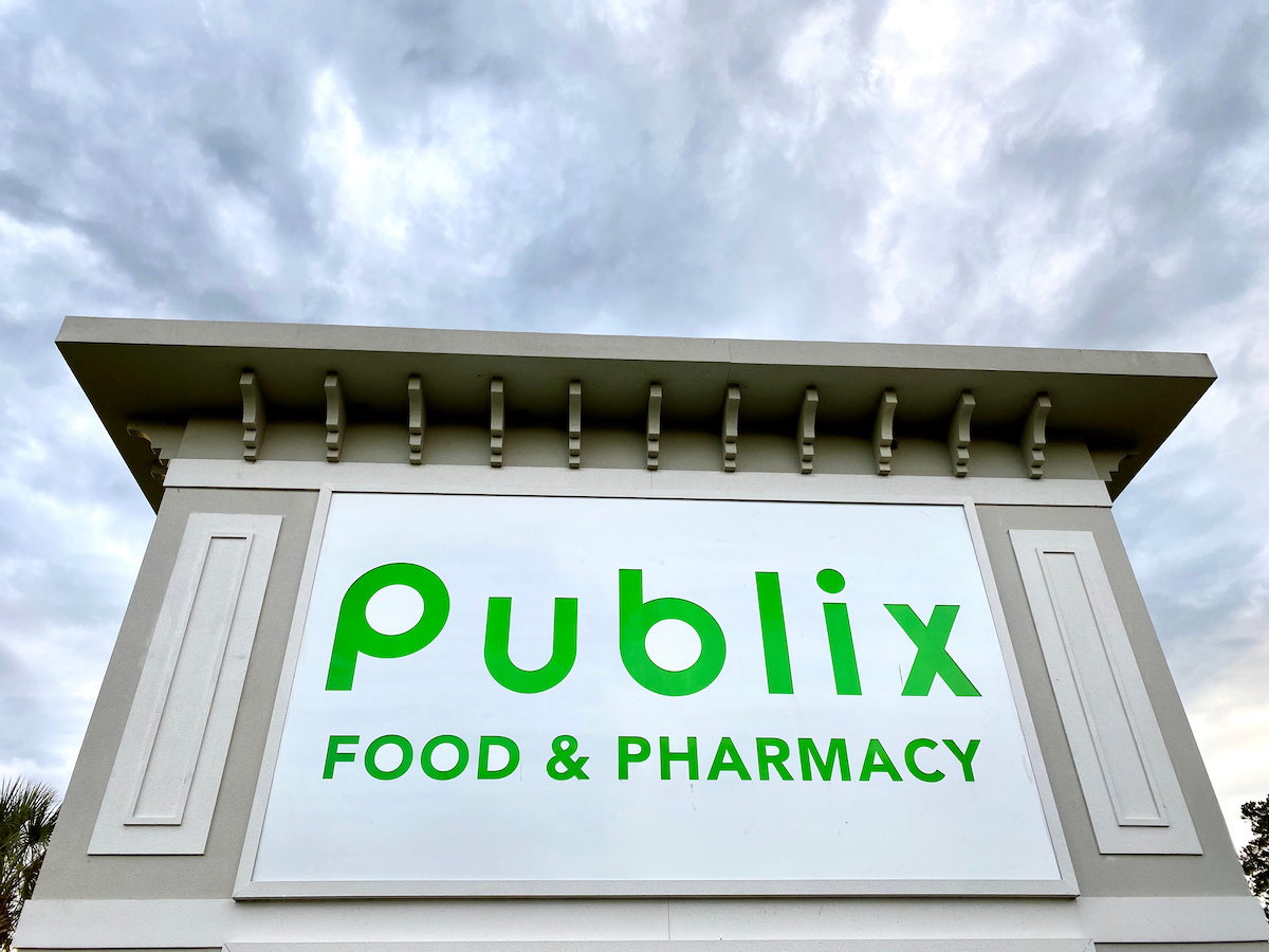 Upward view of Publix supermarkets road sign in Richmond Hill, Georgia