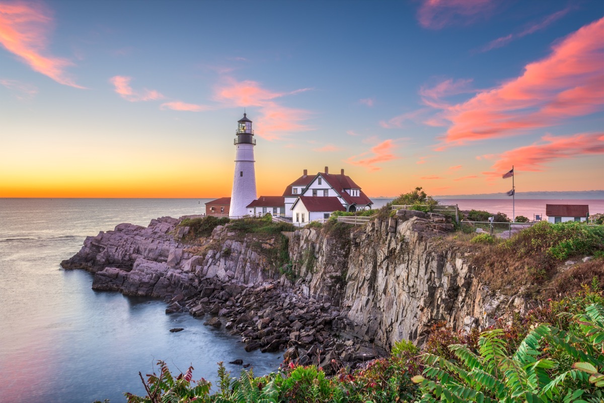 beautiful lighthouse during sunset in portland Maine