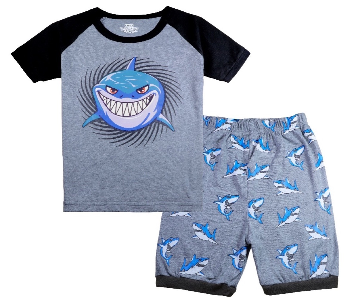 two piece set of gray shark pajamas with a t-shirt top and shorts bottom