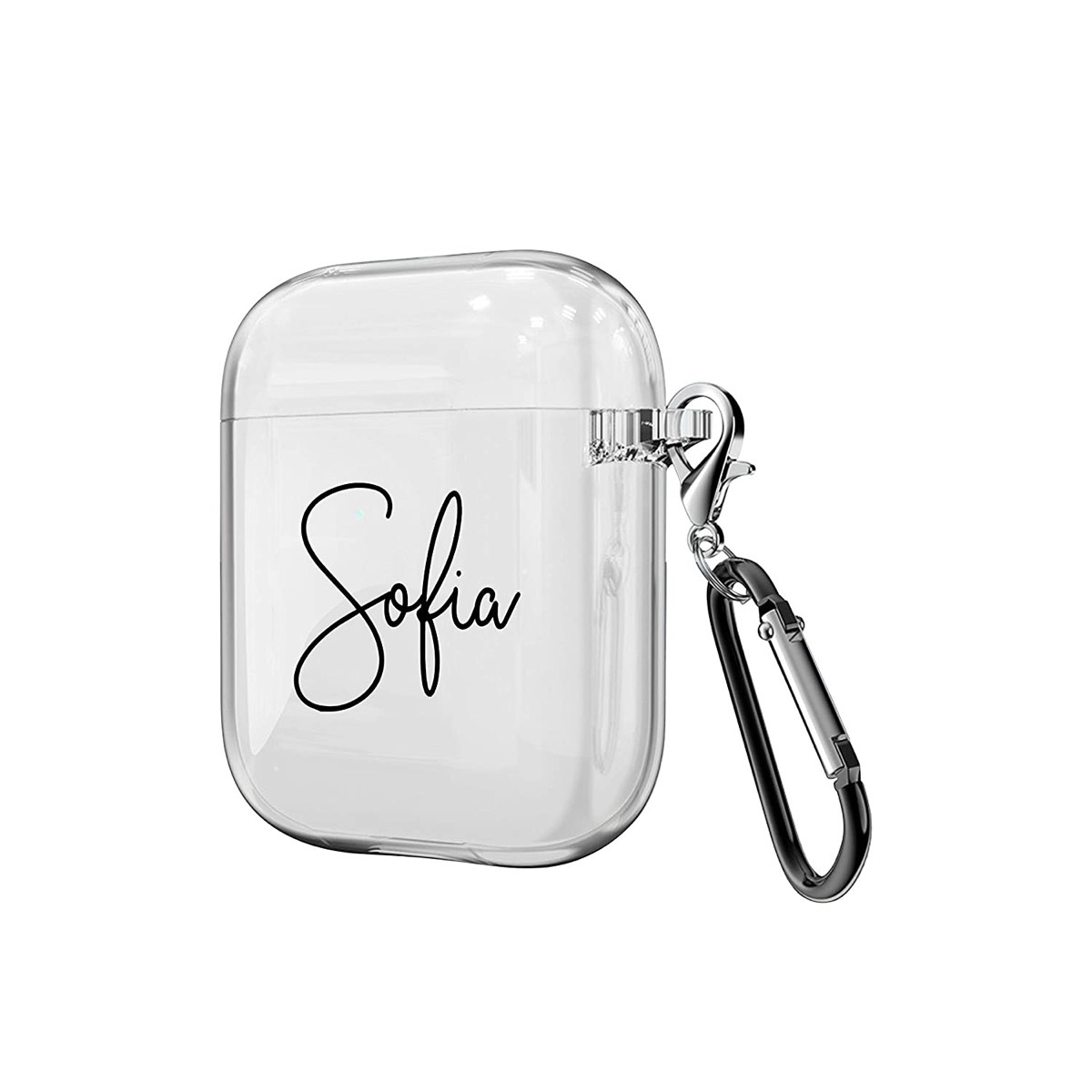 clear airpod case with keychain and the name Sofia on it