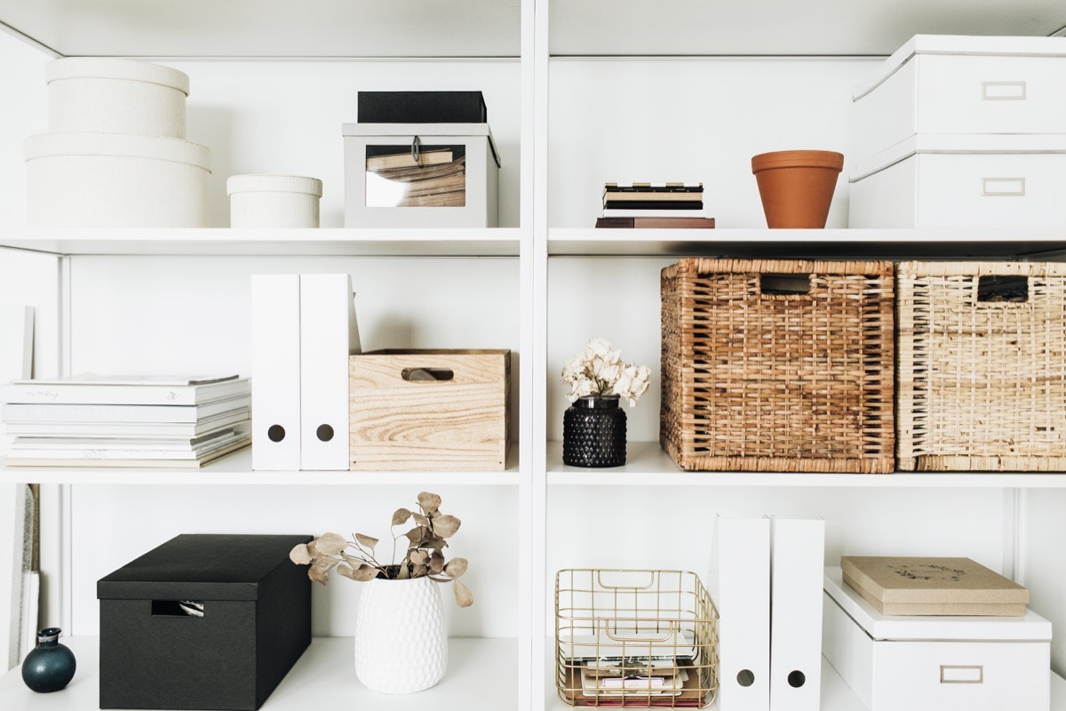 Shelves of storage baskets organized